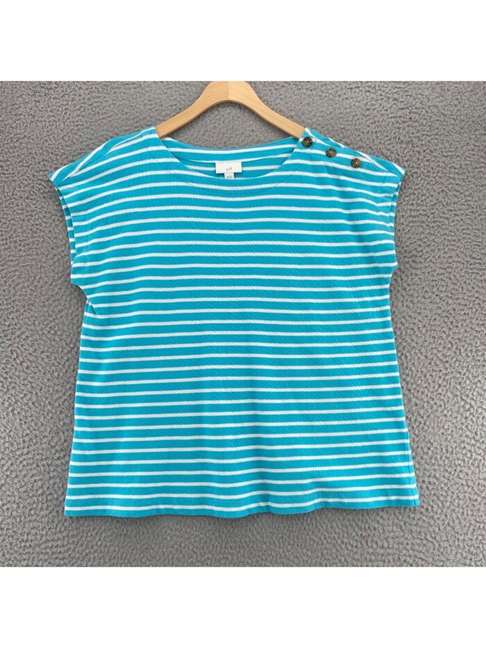 J Jill Top Womens Medium Teal Striped Cotton Textured Knit Tee Button Stretch